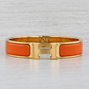 Hermes Bangle Bracelet Orange Enamel Click H Designer Statement 6.25" - Picture 1 of 8