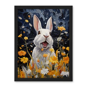 Moonlit White Rabbit Painting Playing with Yellow Flowers Framed Art 18X24 - Bild 1 von 25
