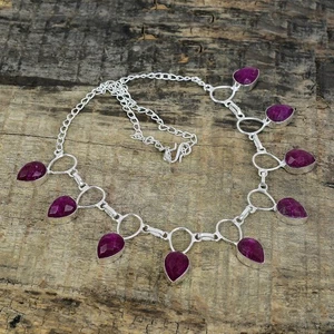 Kashmir Ruby Lab-Created Gemstone Handmade 925 Sterling Silver Jewelry Necklace - Picture 1 of 5