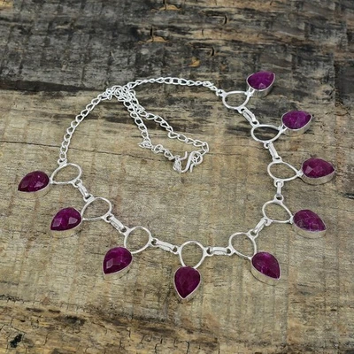 Kashmir Ruby Lab-Created Gemstone Handmade 925 Sterling Silver Jewelry Necklace - Image 1 of 4