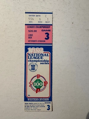 1983 NLCS Game #3  Phil. Phillies vs. LA Dodgers Ticket Stub Very Good Condition - Image 1 of 2