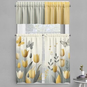 Floral Valance & Tier Curtain 3 pcs Set, Modern Leafy Floral Garden with Danc... - Picture 1 of 7