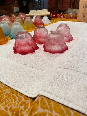 Antique Set (4) Cranberry Etched Floral Electric Lamp Shades Beautiful - Image 1 of 2