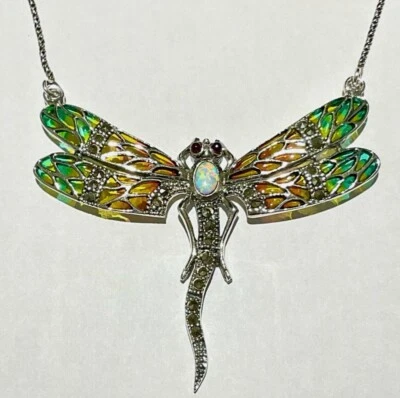 Sterling Silver Plique a Jour Ruby and Fire Opal Dragonfly Statement Necklace - Image 1 of 4