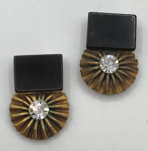 Vintage Art Deco Bakelite Dress Clips Chocolate Brown Brass Rhinestones 1930s - Picture 1 of 6