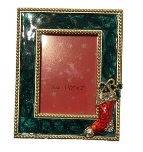 Picture Frame Christmas Ornament Gold Metal Green & Red Enamel + Rhinestone Sock - Picture 1 of 4