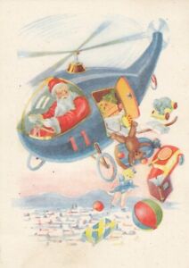 Santa Claus Helicopter delivering Christmas Gifts Toys Teddy Bear Old Postcard