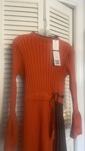NWT Dahlia MacPhee Orange And Black Mock Neck Pleated Dress Size: Small - Picture 1 of 12