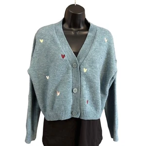 Witty Fox Cardigan XL Women’s Embroidered Hearts Blue Cropped - Picture 1 of 11