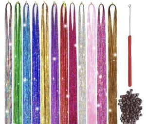 2400 Strands 12 Colors Hair Tinsel Kits Glitter Hair Extensions w/ Tool 48 Inch - Picture 1 of 4