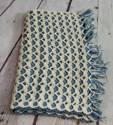 Handmade Crocheted Wrap Runner Double Sided Blue Cream  - Image 1 of 4