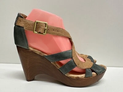 Miz Mooz Petra women  size 8 leather strappy wedge wood heel open toe sandals - Image 1 of 4