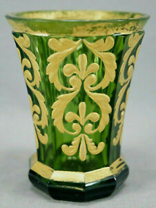 Bohemian Harrach Raised Gold Empire Scrolls Green Cut Spa Glass Tumbler 1830-60