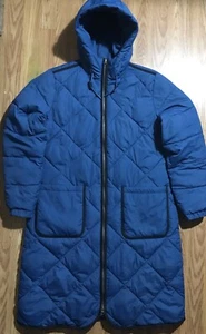 Lands End Primaloft Diamond Quilted Puffer Jacket Medium Blue Maxi Full Zip Coat - Picture 1 of 14
