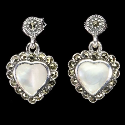 Pendientes de plata de ley 925 corazón madreperla 8 mm marcasita piedras preciosas Foto 1 de 4