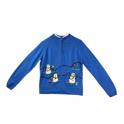 Vtg Dressbarn Womens Holiday Snowman Cardigan Sweater S Blue Beaded Zip Up Knit - Image 1 of 4