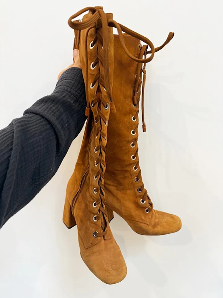 Дизайнерские женские винтажные ботинки PRADA размер 7,5 AU 38,5 ЕС коричневая замша на шнуровке - Изображение 1 из 4