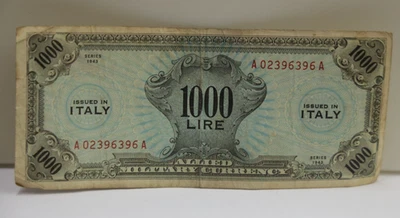 Italy 1000 Lire 1943 Allied Military Currency WWII Fine - Image 1 of 2