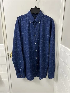 Ben Sherman Shirt Mens Medium Blue Geometric Button Down Slim Fit Stretch L/S - Picture 1 of 13