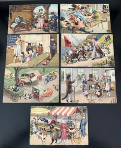 Max Kunzli Mainzer Postcard Cats Classroom Kitchen Music Dressed Fantasy Lot 7 - Picture 1 of 10