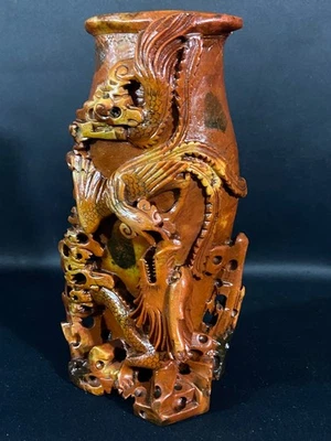 Vase Stone Carved Qing China Long-Feng Phoenix Dragon Prosperity Long Life - image 1 of 4