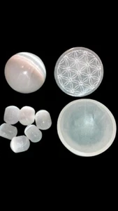 Selenite Crystal Bundle - Flower of Life Changing Sphere, Bowl, and 6 Tumbles - Picture 1 of 9