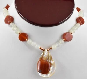 21" Genuine Translucent Serpentine Carnelian & Mother of Pearl Beaded Necklace - Picture 1 of 19
