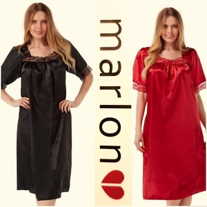 Zwei Marlon Größe 12-14 schwarz & rot Satin & Spitze Midi Kurzarm Nachthemden - Bild 1 von 21