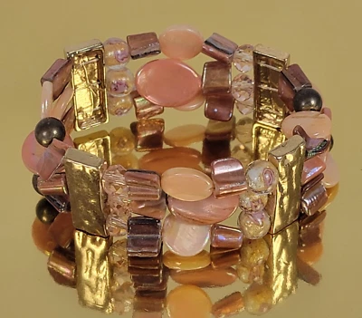 Gold Tone Pink Mother Of Pearl And Millefiori Glass Beaded Stretch Bracelet 7 In - Image 1 of 4