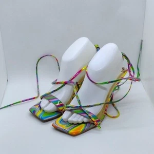 Anne Michelle Rainbow Lace Up Strappy Heel Womens 7 Colorful Artsy Retro 90s - Picture 1 of 11