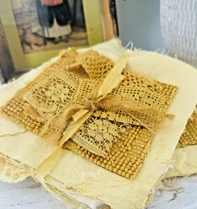 Kit de tela y encaje teñido a mano vintage caléndula punto lento diario chatarra artesanía - Imagen 1 de 6