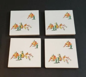 Mid Century Modern Coaster Set 4 Tile Fruit Decanter Vase Green Orange - Picture 1 of 7