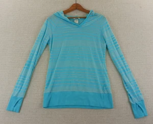 Jockey Womens Top Pullover Hooded Blueish Lightweight Burnout Strips Semi Sheer - Picture 1 of 11
