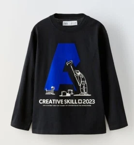 Zara Flocked Letter Black Long Sleeve T Shirt Boys Size 13-14 Years - Picture 1 of 3