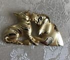 Signed AJC Brooch Pin Dog Licking Kitty Cat Gold Tone