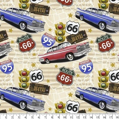 Route 66 Vintage Cars Sewing Fabric Pre-Cut 36 x 44-in Cotton Quilting Craft NEW - Image 1 of 3