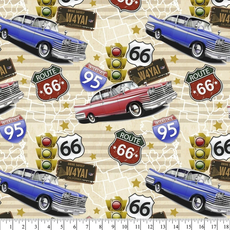 Route 66 Old Vintage Chevy Cars Plates 1 Yard 100 Cotton Fabric Quilt Sew Craft