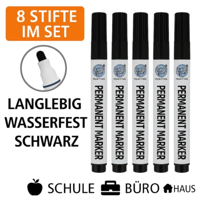 Permanentmarker Schwarz 8er Set – Wasserfest & Langlebig – Rundspitze – für Schu - Bild 1 von 4