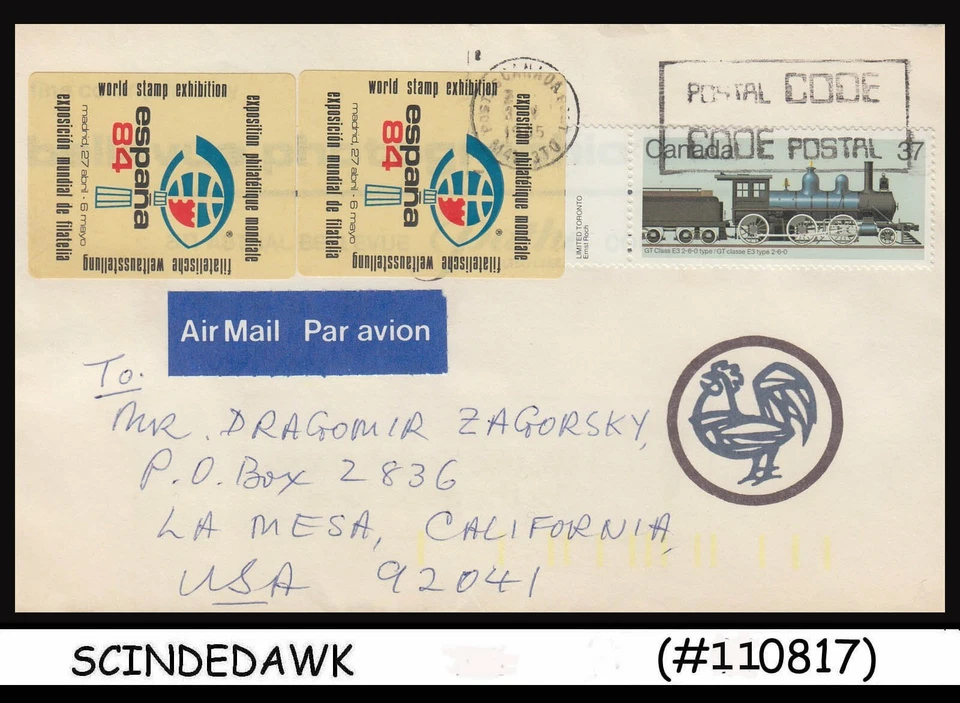 Sobre de correo aéreo de Canadá - 1985 a EE. UU. con estampillas de ferrocarril Foto 1 de 1