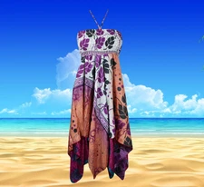 Women's Hi Low Luxe Halter Dress, Purple Peach Bohemian Recycled Silk Summer S/M
