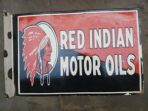 PORCELAIN RED INDIAN ENAMEL SIGN 28X20 INCHES DOUBLE SIDED WITH FLANGE - Picture 1 of 4