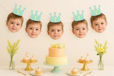 Custom Face Bunting with Party Hat, Custom Photo Banner Face Party Decorations - Image 1 of 4