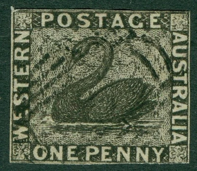 SG 1 Western Australia 1854. 1d black. Very fine used. 3 margins CAT £350 - Image 1 of 2