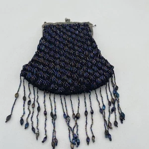 1920s Antique Beaded Dresden Flapper Bag Art Deco Black Iridescent Metal Fringe - Picture 1 of 12