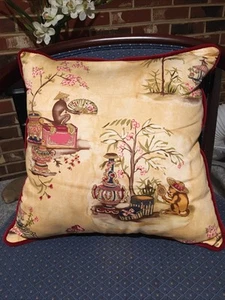 Vintage Asian Tapestry Throw Pillow 16” Monkey Red Velvet back - Picture 1 of 5