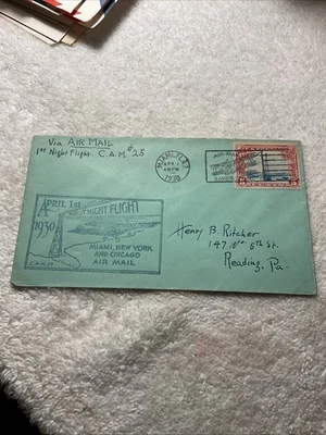 U.S.-1930-FIRST NIGHT FLIGHT MIAMI,NEW YORK and CHICAGO Cover #L5 - Image 1 of 2