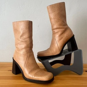 Vintage Boots Women 6 Y2K Tan Leather Block Chunky Heel Square Western Festival - Picture 1 of 17