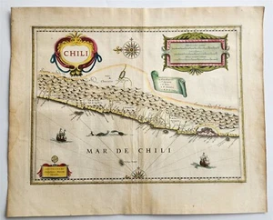 1640 MAP of CHILE by WILLEM BLAEU antique AUTHENTIC hand colored - Picture 1 of 6