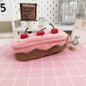 Plush Cherry Cake Fabric Pencil Case Large Capacity Womens Cosmetic Bag - Picture 1 of 7