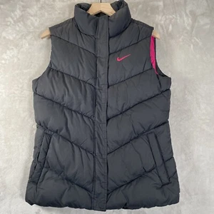 Nike Puffer Vest Jacket Girls XL Black Pink Quilted Swoosh Logo Pockets Full Zip - Picture 1 of 7